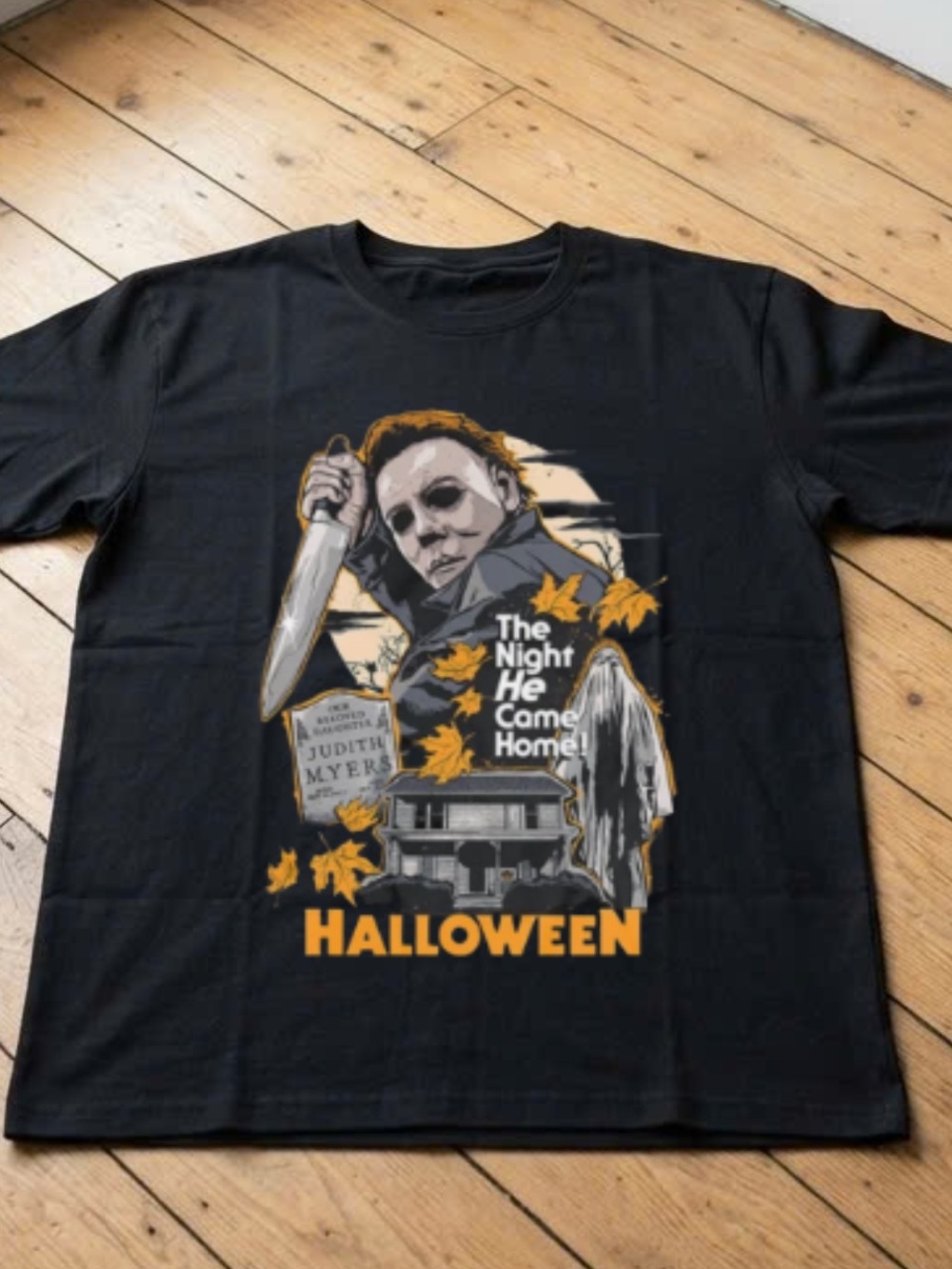 Gildan Black Halloween Graphic Tee with Orange & Gray Accents